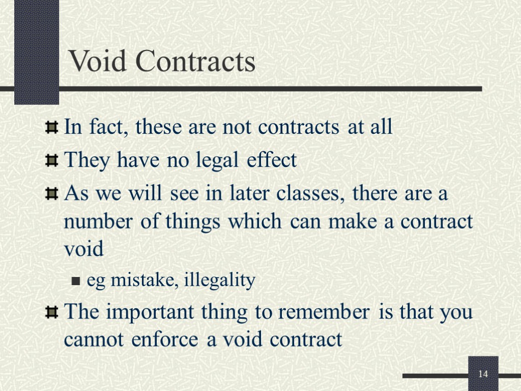 14 Void Contracts In fact, these are not contracts at all They have no
